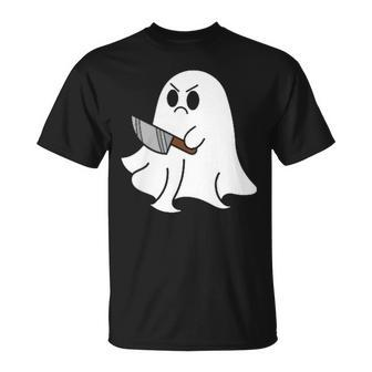 Ghost Holding Knife Halloween Costume Ghoul Spirit T-Shirt | Mazezy