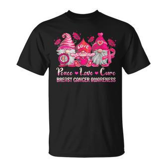 Gnome Peace Love Cure Pink Ribbon Breast Cancer Awareness T-Shirt - Seseable
