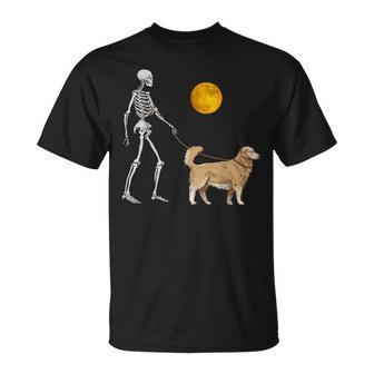 Golden Retriever Skeleton Dog Walking Halloween Costume T-Shirt - Monsterry