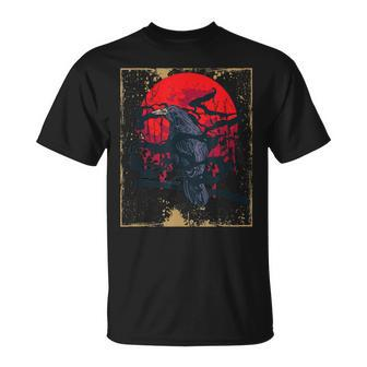 Gothic Raven Red Moon Black Crow Unisex T-Shirt - Seseable