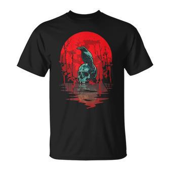 Gothic Raven Skull Red Moon Black Crow Unisex T-Shirt - Monsterry AU