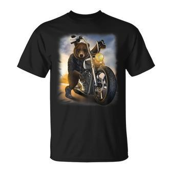 Grizzly Bear Riding Chopper Motorcycle Unisex T-Shirt | Mazezy