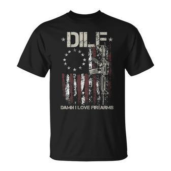 Gun American Flag Dilf - Damn I Love Firearms On Back Unisex T-Shirt | Mazezy