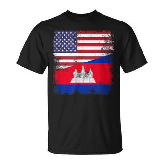 Half Cambodian Flag Vintage Cambodia Usa T-Shirt | Mazezy