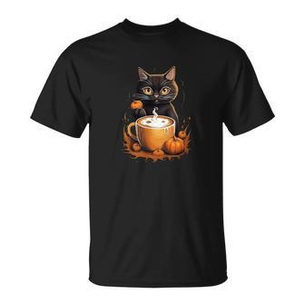 Halloween Black Cat Pumpkin Spice Latte Syrup Creamer T-Shirt - Monsterry