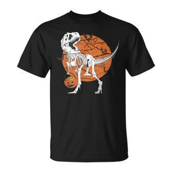 Halloween Boys Dinosaur Skeleton T Rex Scary Pumpkin Moon T-Shirt - Seseable
