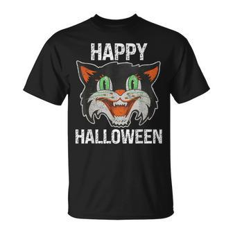 Halloween Happy Black Retro Cat Vintage Fun Cat T-Shirt | Mazezy