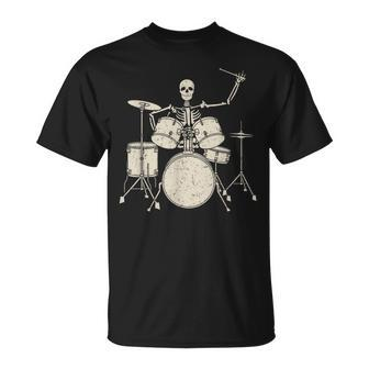 Halloween Skeleton Playing Drum Cute Funny Drums Gift Unisex T-Shirt | Mazezy