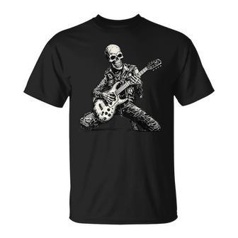 Halloween Skeleton Playing Guitar Rock And Roll Skull T-Shirt - Seseable