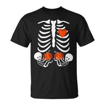 Halloween Twin Pregnant Skeleton Twins Baby Xray Rib Cage T-Shirt | Mazezy