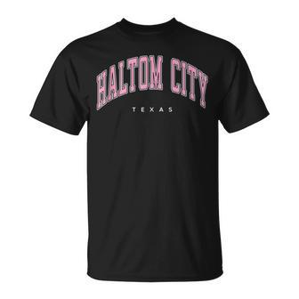 Haltom City Texas Tx Varsity Style Pink Text T-Shirt | Mazezy