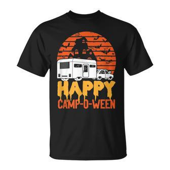 Happy Campoween Vintage Funny Camping Enthusiast Halloween Camping Funny Gifts Unisex T-Shirt | Mazezy