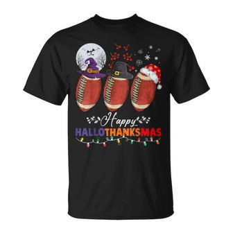 Happy Hallothanksmas Football Halloween Thanksgiving Xmas T-Shirt - Seseable