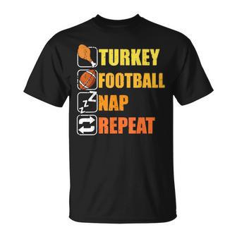 Happy Thanksgiving Turkey Football Nap Repeat Football T-Shirt | Mazezy