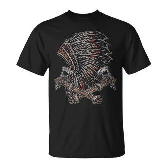 Headdress Indian Native Pride Indigenous Axe Native American T-Shirt | Mazezy