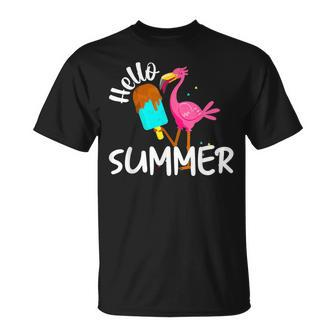 Hello Summer Vacation Ice Cream Popsicle Ice Pink Flamingo Flamingo Funny Gifts Unisex T-Shirt | Mazezy