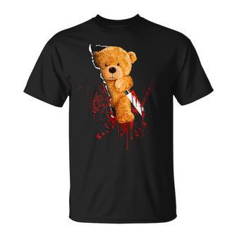 Horror Teddy Bear Cuts Through Fabric Halloween Blood Fun Teddy Bear T-Shirt | Mazezy
