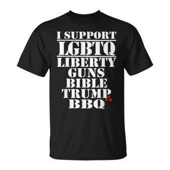 I Support Lgbtq Liberty Guns Bible Trump Bbq Funny Unisex T-Shirt | Mazezy