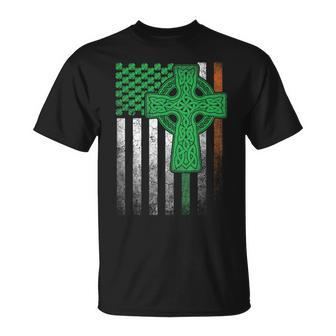 Irish American Flag Ireland Flag St Patricks Day Cross T-Shirt - Seseable