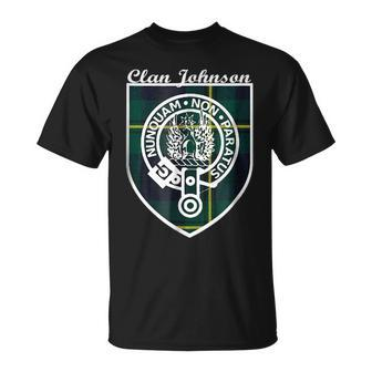 Johnson Surname Last Name Scottish Clan Tartan Badge Crest Funny Last Name Designs Funny Gifts Unisex T-Shirt | Mazezy