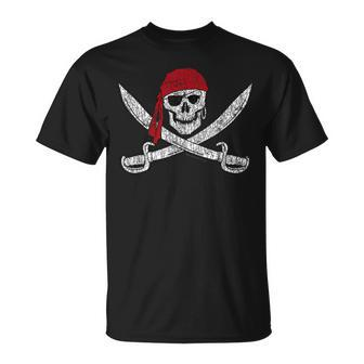 Jolly Roger Pirate Skull And Cutlasses Flag Distressed T-Shirt | Mazezy