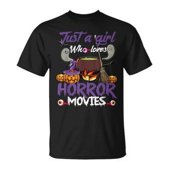 Just A Girl Who Loves Horror Movies Halloween Costume Halloween Costume T-Shirt | Mazezy