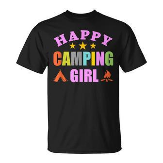 Kids Girl Campfire Tent Camper Happy Camping Unisex T-Shirt | Mazezy
