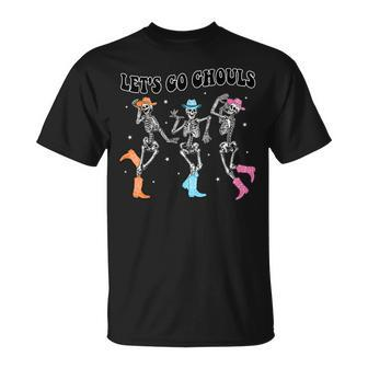 Let's Go Ghouls Dancing Skeleton Cowboy Western Halloween T-Shirt | Mazezy