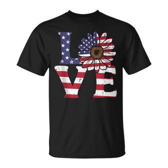 Love Sunflower American Flag Patriot 4Th Of July Women Girls Unisex T-Shirt | Mazezy
