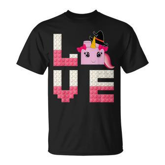 Love Unicorn Hallowen Master Builder Brick Building Blocks T-Shirt | Mazezy