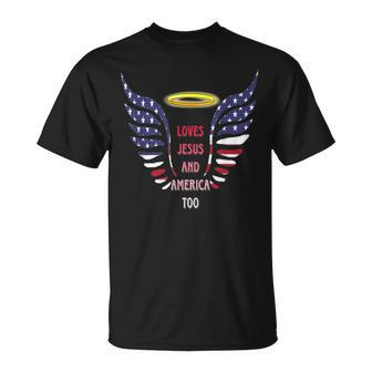 Loves Jesus And America Too Angels Wings 4Th Of July Groovy Unisex T-Shirt | Mazezy