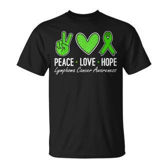 Lymphoma Cancer Awareness Green Ribbon Peace Love Hope T-Shirt - Monsterry UK