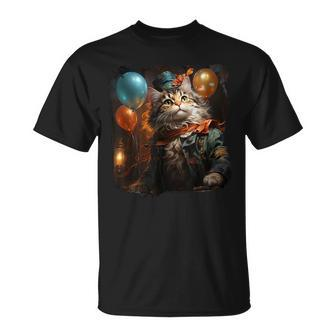 Minuet Cat Birthday Party Hat Streamers Balloons Fireworks T-Shirt | Mazezy