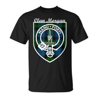 Morgan Surname Last Name Scottish Clan Tartan Badge Crest Funny Last Name Designs Funny Gifts Unisex T-Shirt | Mazezy