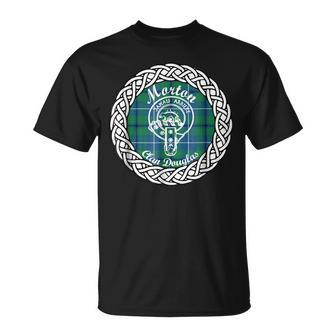 Morton Surname Last Name Scottish Clan Tartan Badge Crest Funny Last Name Designs Funny Gifts Unisex T-Shirt | Mazezy