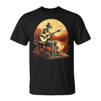 Mountain Lake Acoustic Guitar Music Skeleton Halloween T-Shirt - Monsterry DE