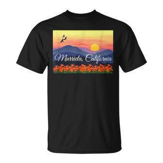 Murrieta Calfornia With Poppies And Sunset Over Mountains T-Shirt | Mazezy