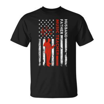 Music Teacher Husband Dad Vintage Usa Flag American Fathers  Gift For Women Unisex T-Shirt