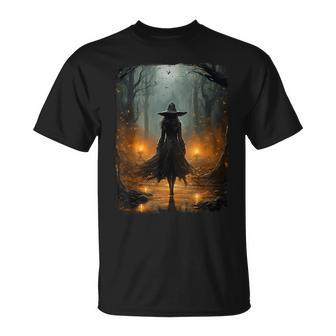 Mystical Witch Walking The Forest Halloween Gothic Painting T-Shirt - Seseable