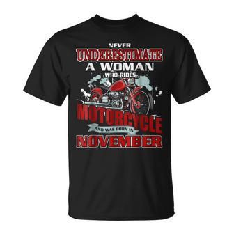 Never Underestimate A Woman Who Rides Motorcycle In November Unisex T-Shirt - Seseable