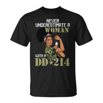 Never Underestimate A Woman With Dd214 Female Veterans Day Unisex T-Shirt - Seseable