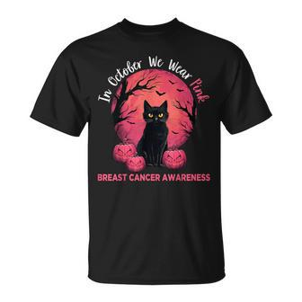 In October We Wear Pink Black Cat Breast Cancer Halloween T-Shirt - Thegiftio UK