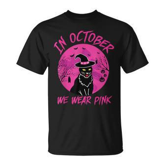 In October We Wear Pink Black Cat Halloween Breast Cancer T-Shirt - Monsterry AU