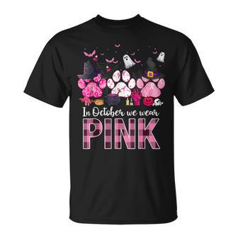 In October We Wear Pink Breast Cancer Halloween Dog Paws T-Shirt - Seseable