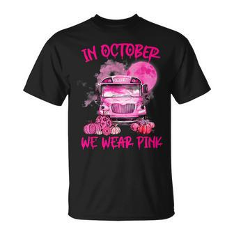 In October We Wear Pink Bus Pumpkin Breast Cancer Halloween T-Shirt | Mazezy
