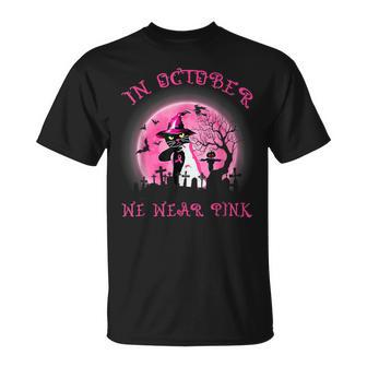 In October We Wear Pink Cat Witch Breast Cancer Halloween T-Shirt - Monsterry CA