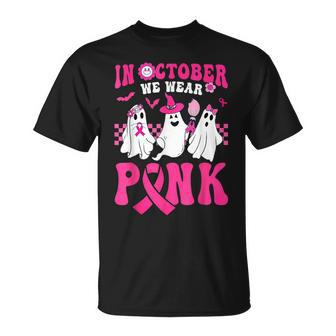 In October We Wear Pink Cute Ghost Breast Cancer Halloween T-Shirt | Mazezy