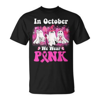 In October We Wear Pink Ghost Halloween Breast Cancer T-Shirt - Monsterry AU