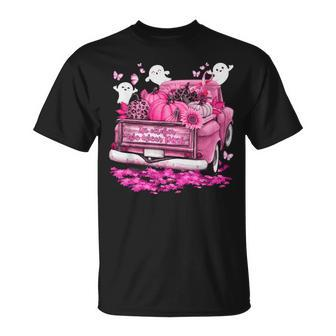 October We Wear Pink Ghosts Pumpkins Breast Cancer Halloween T-Shirt | Mazezy