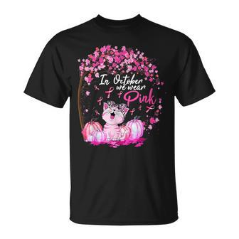 In October We Wear Pink Leopard Cat Breast Cancer Awareness T-Shirt - Seseable